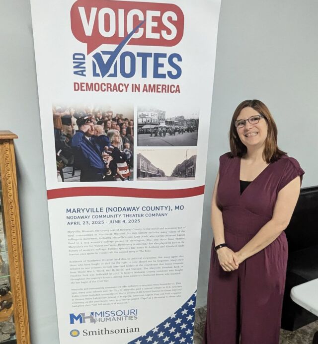 Today was the official ribbon cutting for the Voices and Votes traveling Smithsonian exhibit sponsored by Missouri Humanities. Lily is the scholar advisor for this effort. We were present to celebrate everyone in Maryville for their hard work preparing the Rose Theater for hosting. 

The exhibit will be in northwest Missouri for six weeks before moving to Sikeston. If you are in that corner of the state, this is a great opportunity to learn more about what makes our democracy tick. 

#smithsonian
#missourihumanities
#maryville
#rosetheater